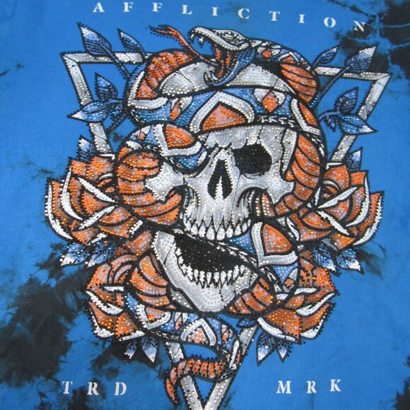 Affliction Black Label T-shirt Rhinestone Studded Skull Snake Rose Tie Dye M Y2K - Picture 4 of 10
